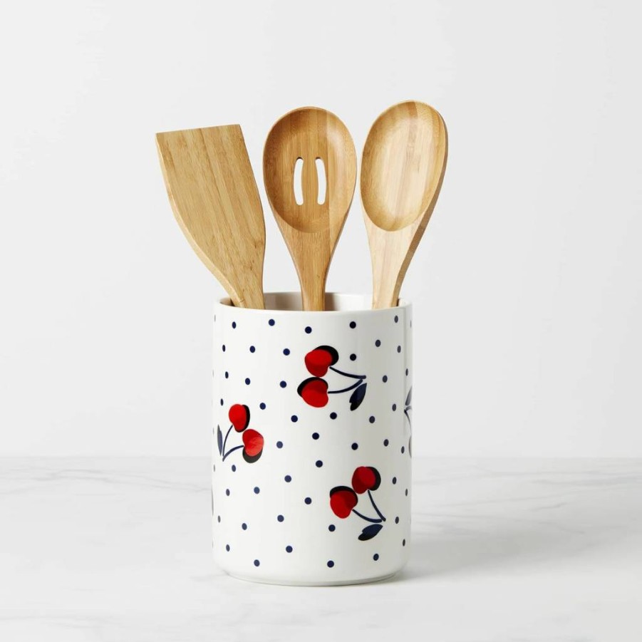 Kate Spade New York Vintage Cherry Dot 4-Piece Utensil Set - White Ceramic Countertop Organizer for Kitchen Decor
