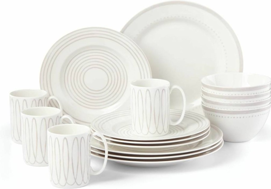 Kate Spade New York Charlotte Street 16-Piece Dinnerware Set, Taupe & Grey, 15.75 lbs, Stoneware Plates & Bowls
