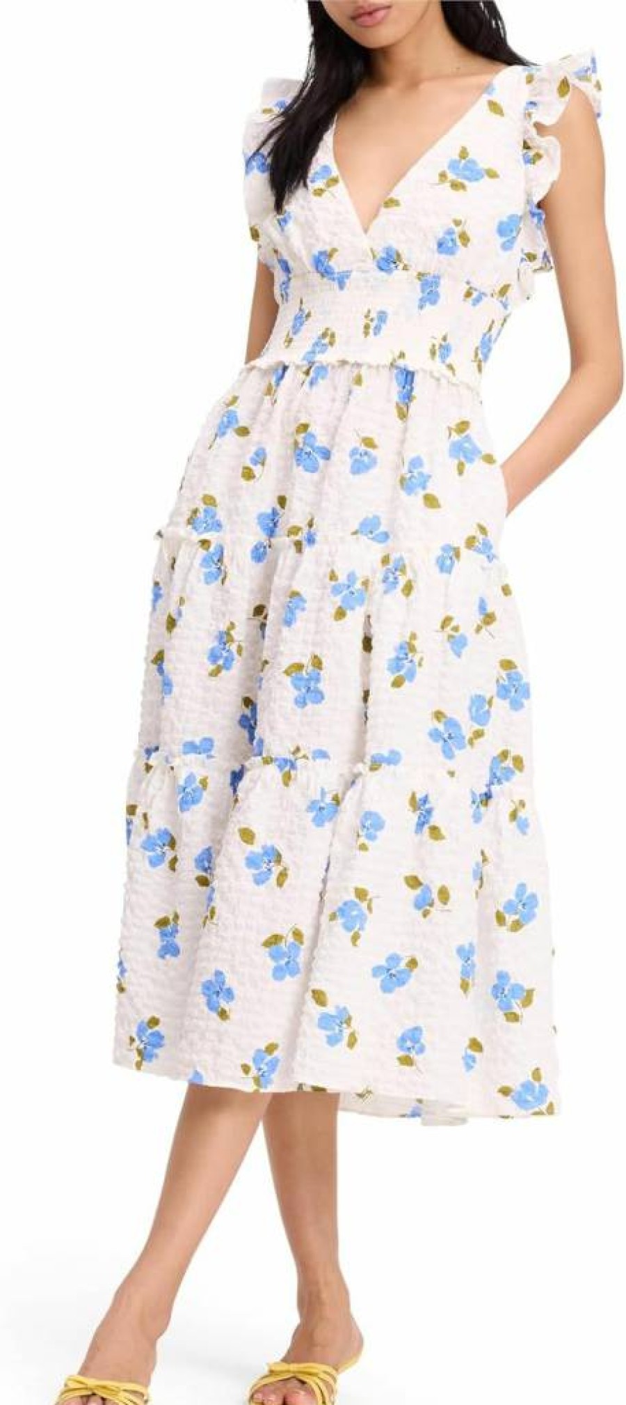 Kate Spade New York Floral Print Flutter Sleeve Tiered Midi Dress for Women