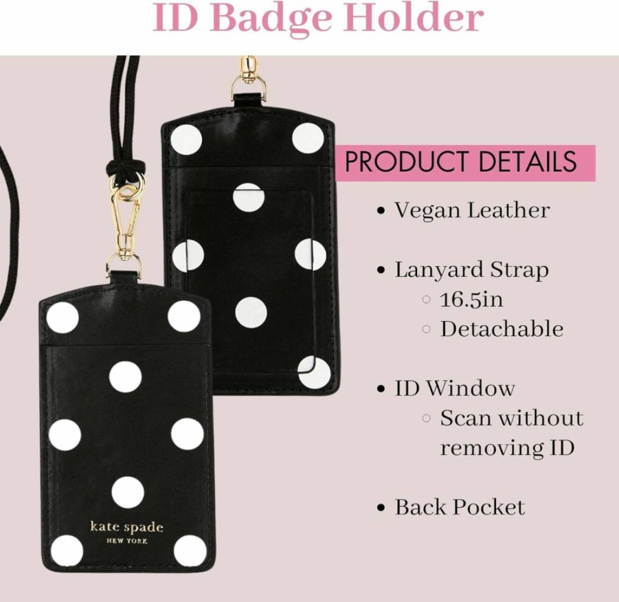 Kate Spade New York Vegan Leather ID Badge Holder & Card Wallet with Lanyard - Gold Dot Script Design for Work, School, Travel Accessories