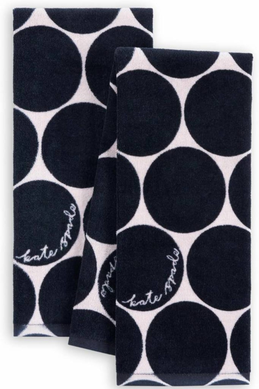Kate Spade New York Joy Dot 2-Pack Cotton Kitchen Towels Set - Absorbent Velour, Navy Blue & Cream, 17x28 Inches, Dish & Hand Towels