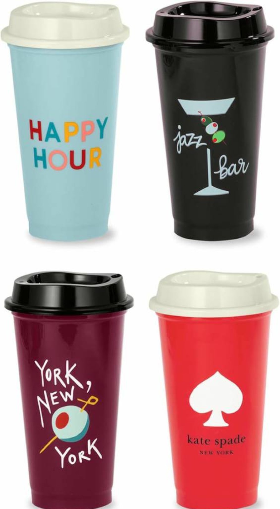 Kate Spade New York 16oz Reusable Tumbler Set of 4 - BPA-Free Travel Cups with Lids for Hot & Cold Drinks, Black & White Dots Stripes Design