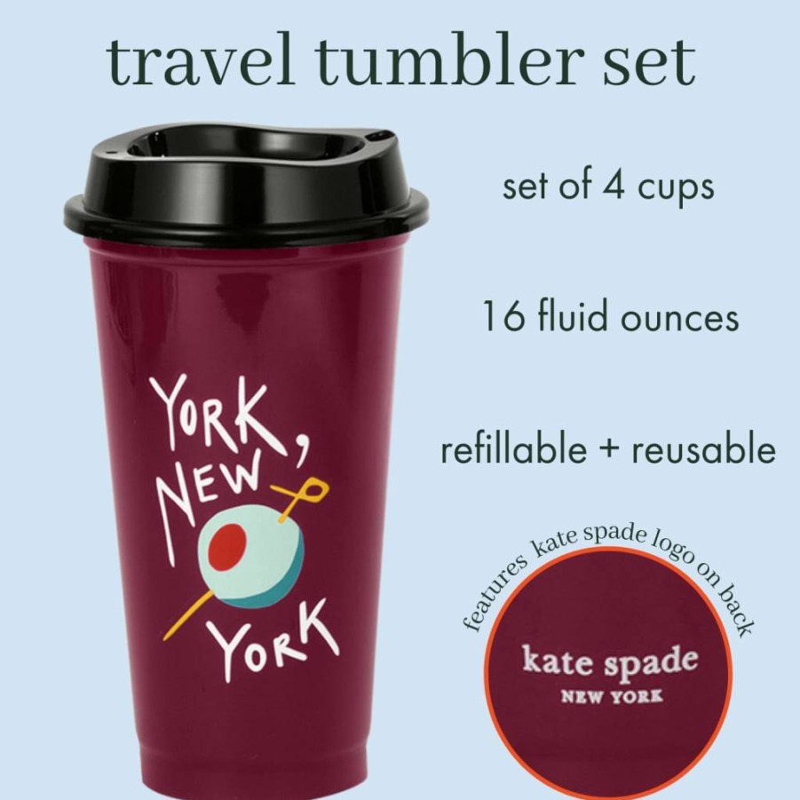 Kate Spade New York 16oz Reusable Tumbler Set of 4 - BPA-Free Travel Cups with Lids for Hot & Cold Drinks, Black & White Dots Stripes Design