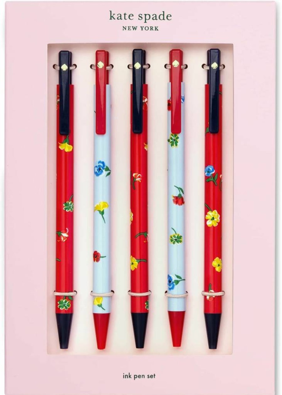 Kate Spade New York 5-Piece Black Ink Click Pen Set - Stylish Dots & Stripes Plastic Pens for Office & School