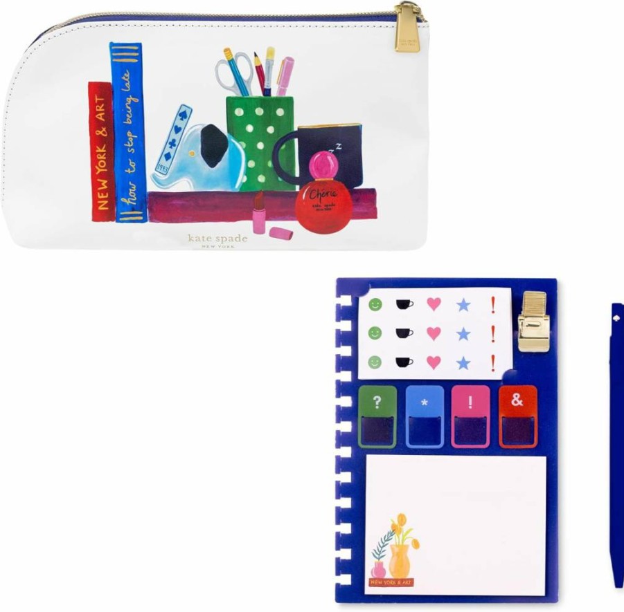 Kate Spade New York Vegan Leather Planner Sticker Set - Zipper Pouch with Notepad, Sticker Tabs, Pen Holder & Charmed Library Accessories