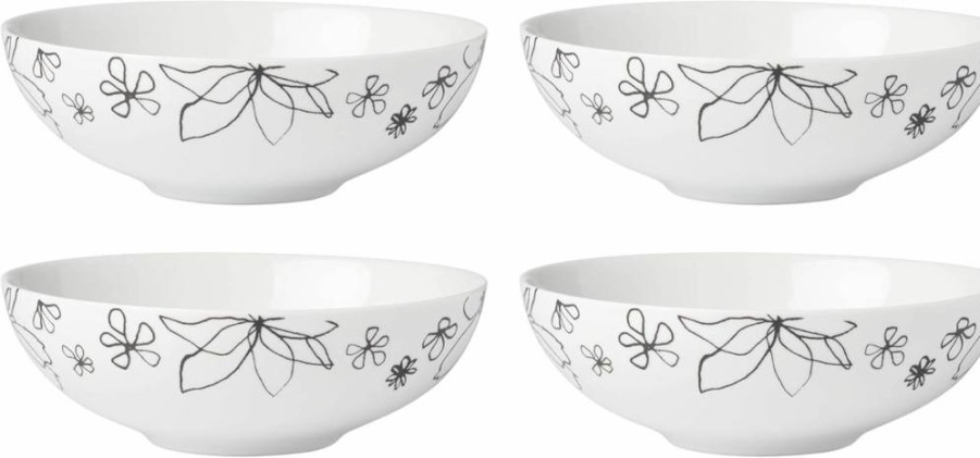 Kate Spade New York 4-Piece White Ceramic Bowl Set, Garden Doodle Soup & Cereal Bowls, Dinnerware Collection