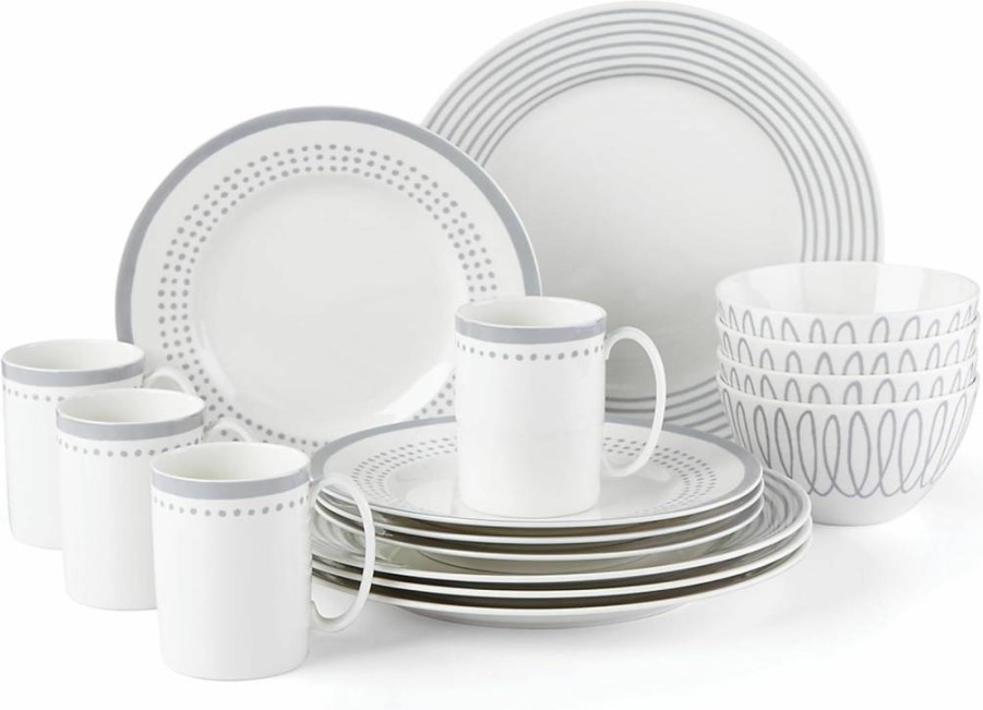 Kate Spade New York Charlotte Street 16-Piece Dinnerware Set in Slate Taupe Grey, Porcelain Plates & Bowls, Modern Tableware Collection