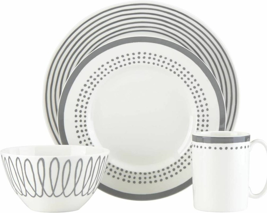 Kate Spade New York Charlotte Street 16-Piece Dinnerware Set in Slate Taupe Grey, Porcelain Plates & Bowls, Modern Tableware Collection