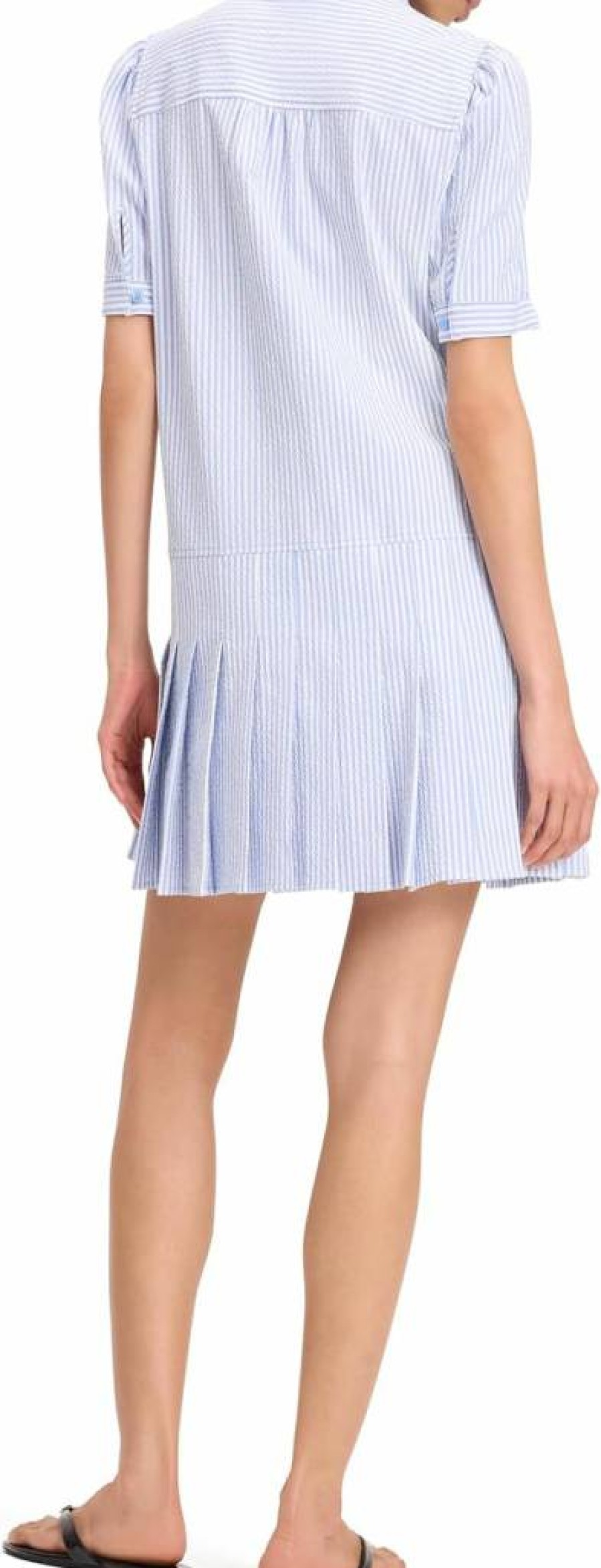 Kate Spade New York Women's Seersucker Pleated Shirt Dress - Casual Summer Blue Striped Mini Dress