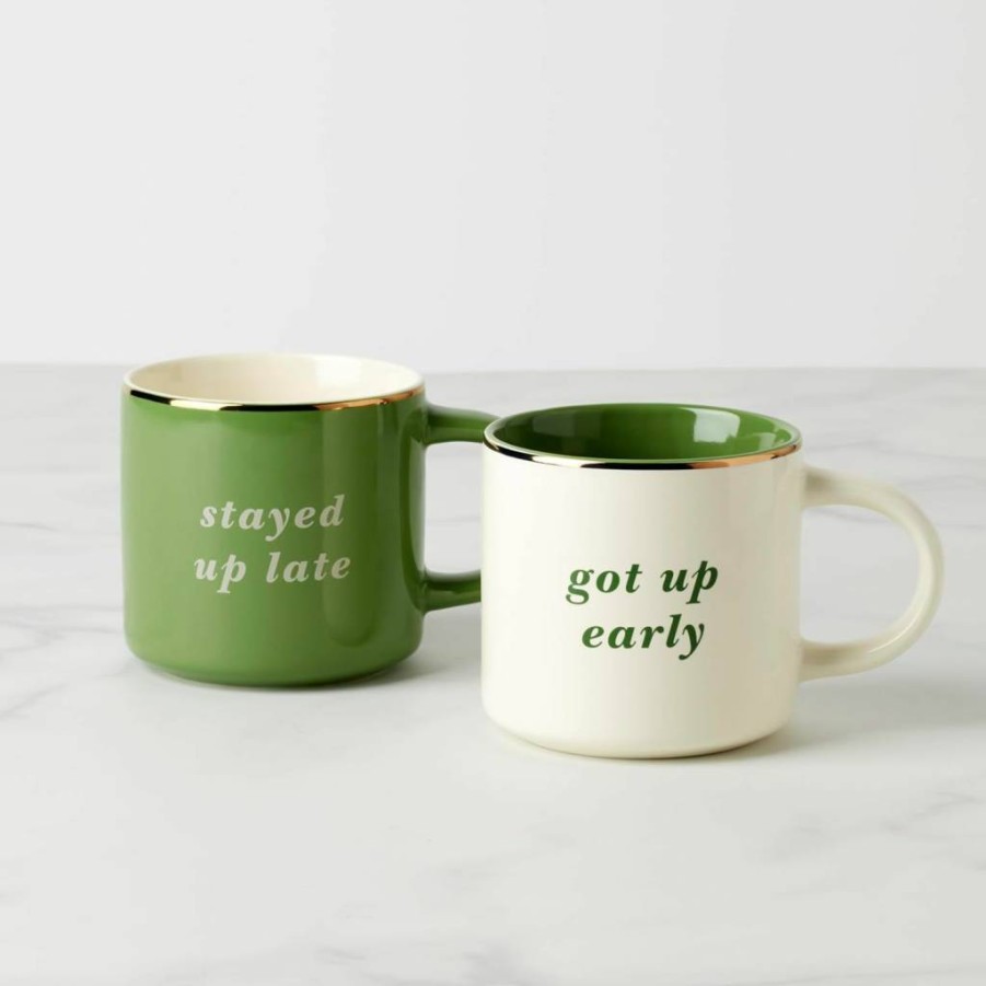 Kate Spade New York Early Bird & Night Owl Ceramic Coffee Mugs Set of 2, Pink Gift Set for Tea and Coffee Lovers