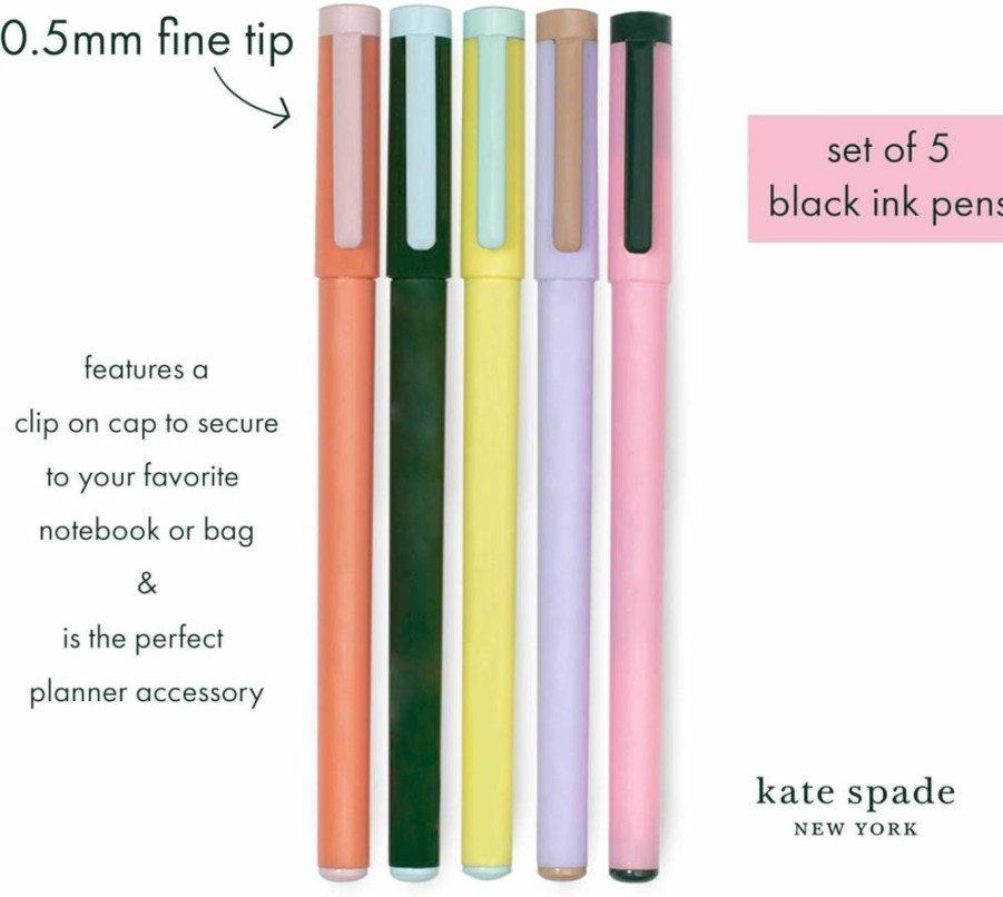 Kate Spade New York Colorblock Fine Tip Pen Set - 5 Black Ink Pens for Stylish Writing