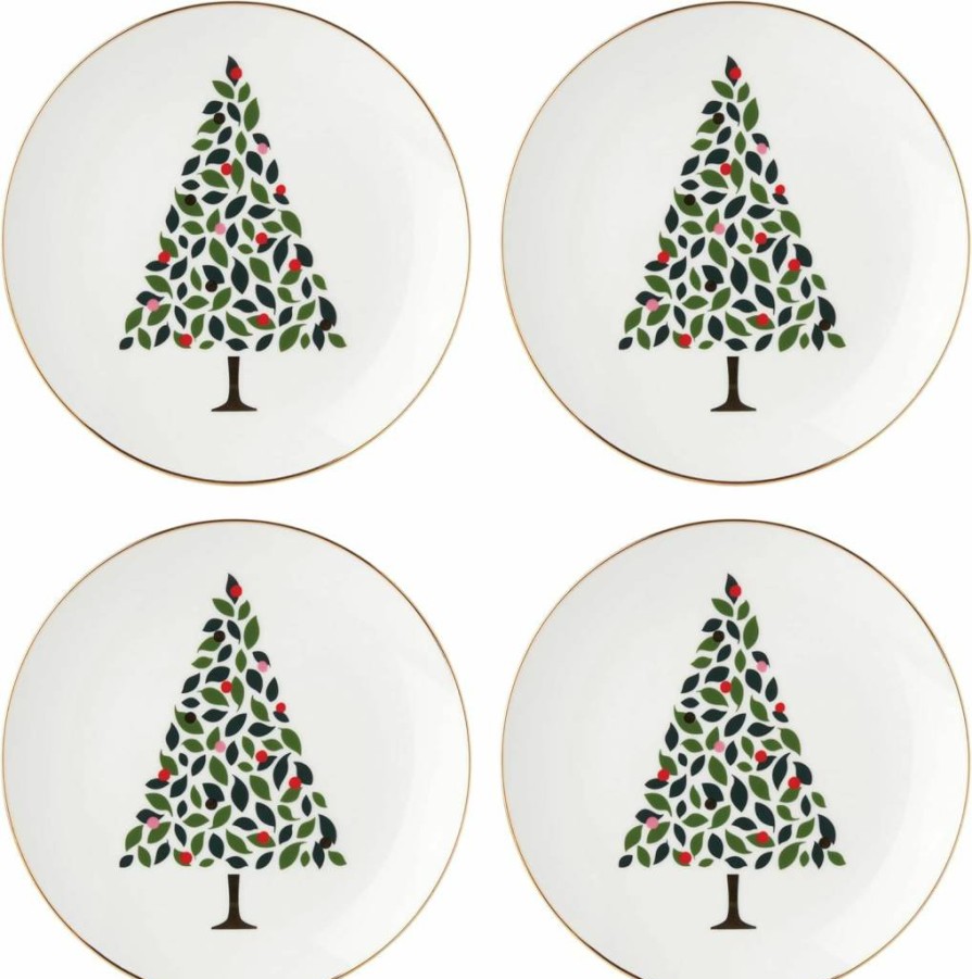 Kate Spade New York Evergreen 4-Piece Holiday Dinnerware Set, White Christmas Accent Plates for Festive Hosting, 4 Count