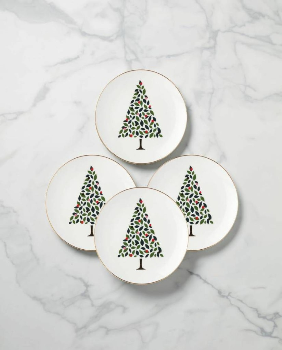 Kate Spade New York Evergreen 4-Piece Holiday Dinnerware Set, White Christmas Accent Plates for Festive Hosting, 4 Count