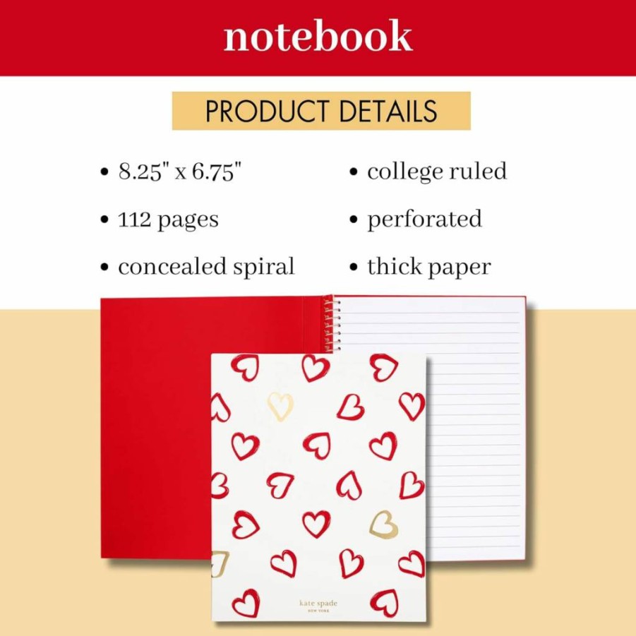 Kate Spade New York Brushstroke Hearts Lined Journal Notebook - 8.25" x 6.75" Spiral Bound, 112 Pages, Small Concealed Notebook