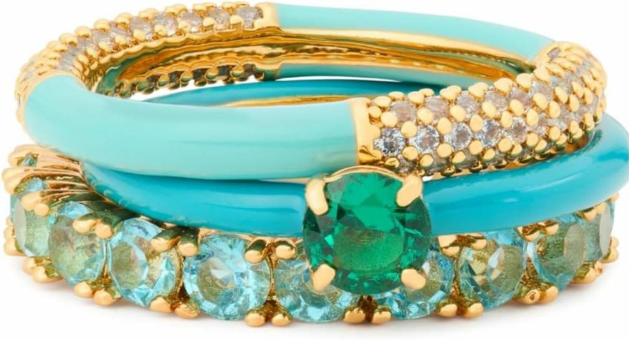 Kate Spade New York Green & Gold Stacking Ring Set with Shimmer - 6 Piece Jewelry Collection