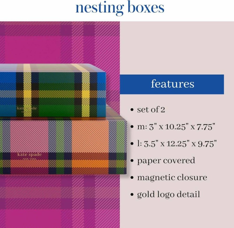 Kate Spade New York Grand Plaid Storage Boxes 2-Pack - Medium & Large Nesting Organizer Bins with Magnetic Closure, Decorative Home Storage