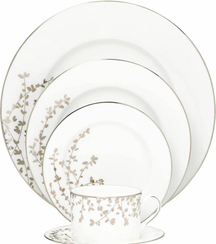 Kate Spade New York Gardner Street Platinum 5-Piece Dinnerware Set, White Porcelain Tableware for 1 Place Setting