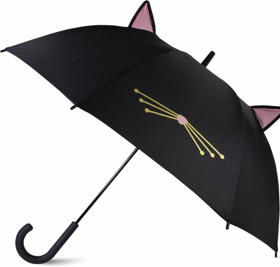 Kate Spade New York Black Cat Print Large Lightweight Travel Umbrella for Women, Compact Windproof Folding Umbrella with Automatic Open