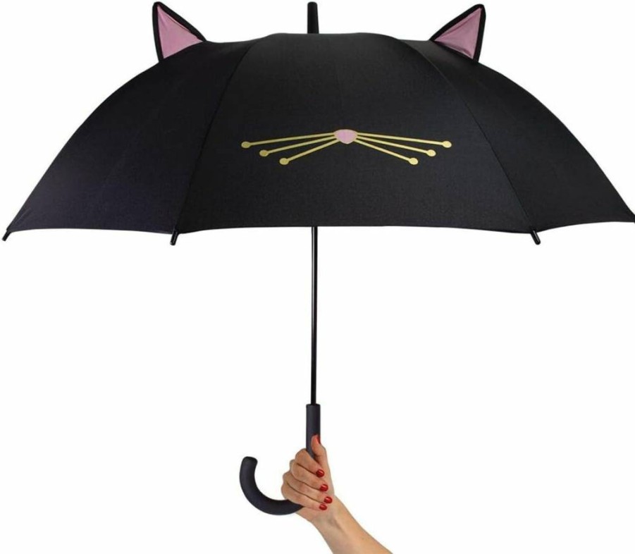 Kate Spade New York Black Cat Print Large Lightweight Travel Umbrella for Women, Compact Windproof Folding Umbrella with Automatic Open