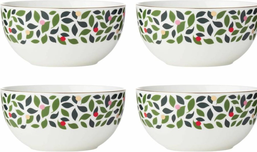 Kate Spade New York Evergreen 4-Piece Ceramic Bowl Set, Christmas Themed Soup & Cereal Bowls, Holiday Dinnerware Collection