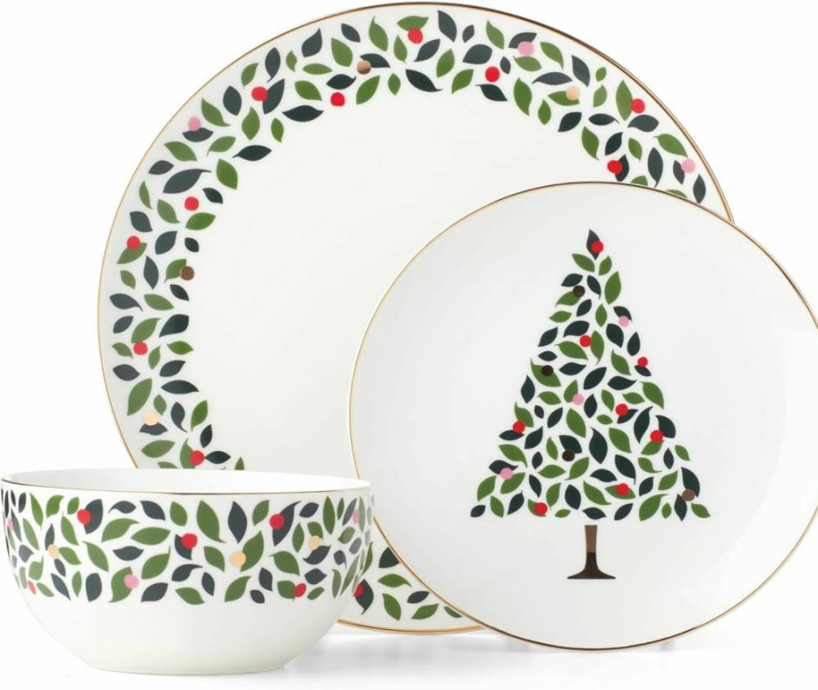 Kate Spade New York Evergreen 4-Piece Ceramic Bowl Set, Christmas Themed Soup & Cereal Bowls, Holiday Dinnerware Collection