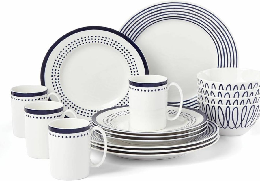 Kate Spade New York Charlotte Street 16-Piece Dinnerware Set in Blue, Porcelain Tableware Service for 4