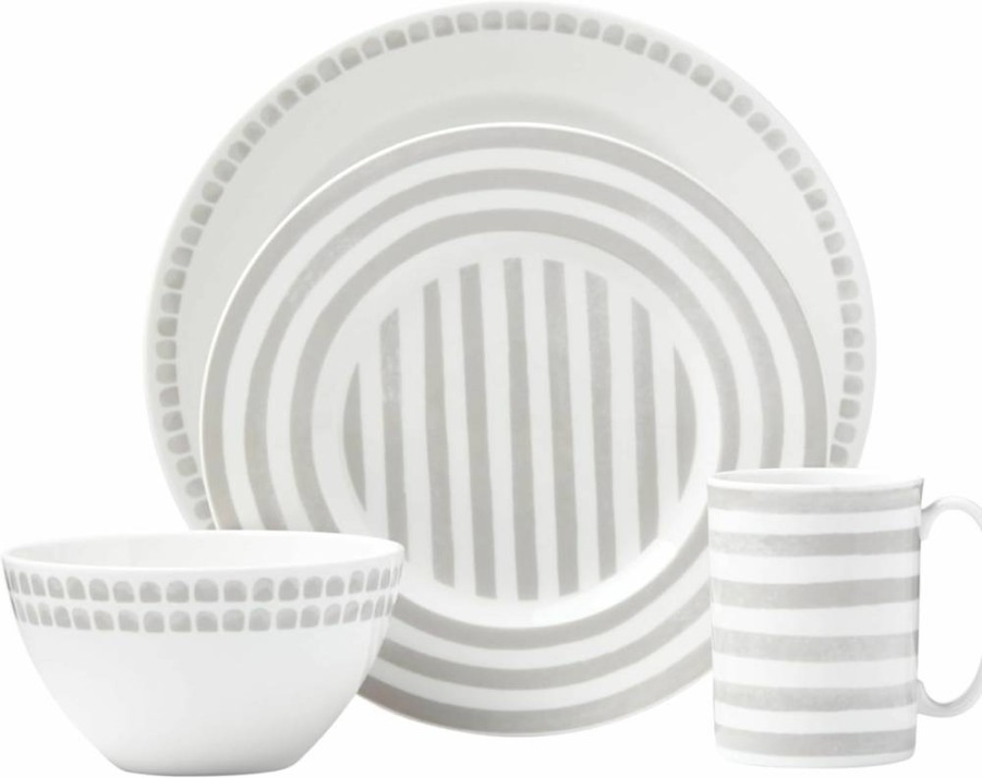 Kate Spade New York 16-Piece Dinnerware Set - Taupe & Grey Stoneware Plates, Bowls & Mugs - Charlotte Street North Collection - Elegant Tableware for Dining