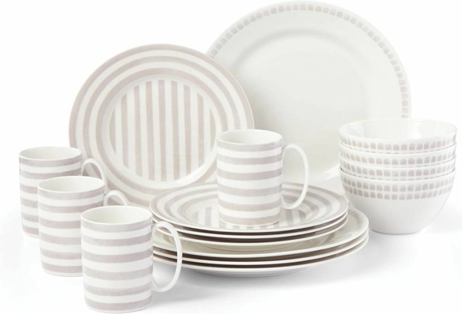 Kate Spade New York 16-Piece Dinnerware Set - Taupe & Grey Stoneware Plates, Bowls & Mugs - Charlotte Street North Collection - Elegant Tableware for Dining