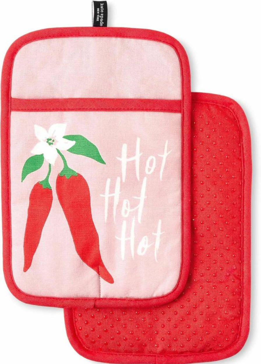 Kate Spade New York Hot Peppers Pot Holder Set - 2-Pack Heat Resistant Kitchen Mitts, 100% Cotton Oven Glove (7x10 Inches, Red/Pink)