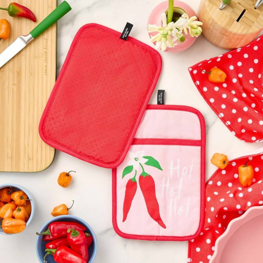 Kate Spade New York Hot Peppers Pot Holder Set - 2-Pack Heat Resistant Kitchen Mitts, 100% Cotton Oven Glove (7x10 Inches, Red/Pink)