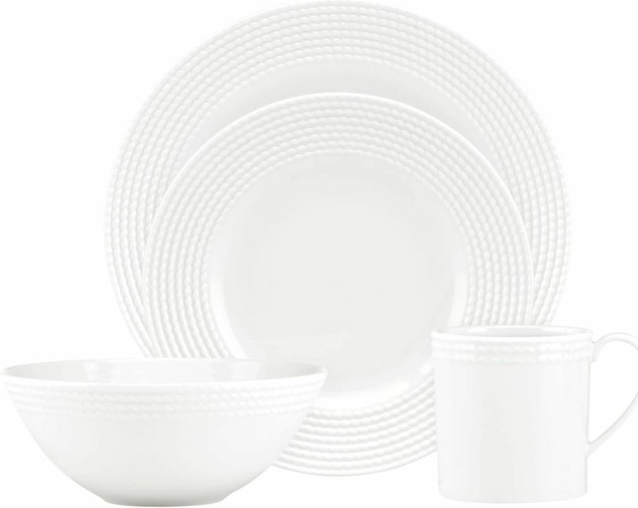 Kate Spade New York Wickford 4-Piece Dinnerware Set, White Ceramic Plates & Bowls, 5.4 Lb Place Setting