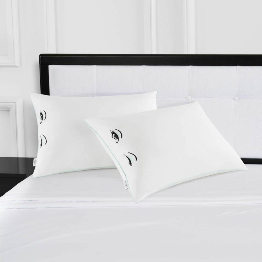 Kate Spade New York Queen Size Pillow Set of 2 - 20x28 Inch Medium Firm White Pillows with Winking Eyes Design, 233 Thread Count for All Sleep Positions