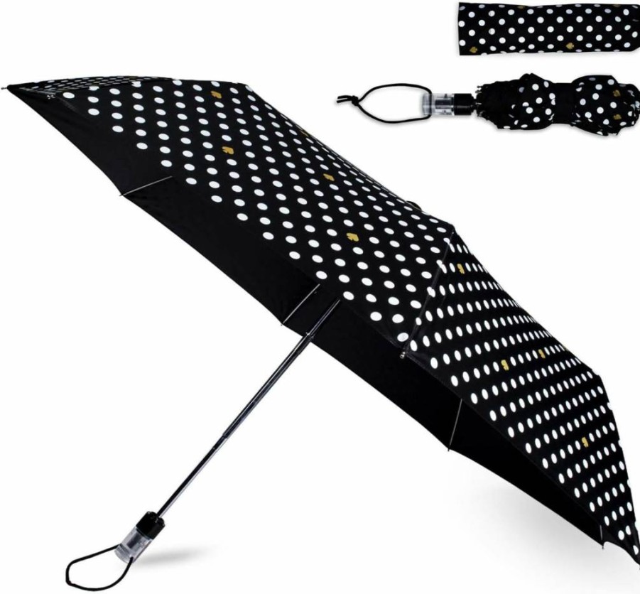 Kate Spade New York Polka Dot Travel Umbrella - Lightweight Compact Folding Umbrella with Storage Sleeve, Black & White Design