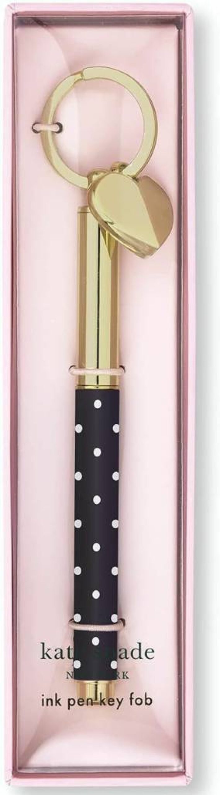 Kate Spade New York Black Ballpoint Keychain Pen with Metal Key Fob - Stylish Dot Design Portable Writing Tool