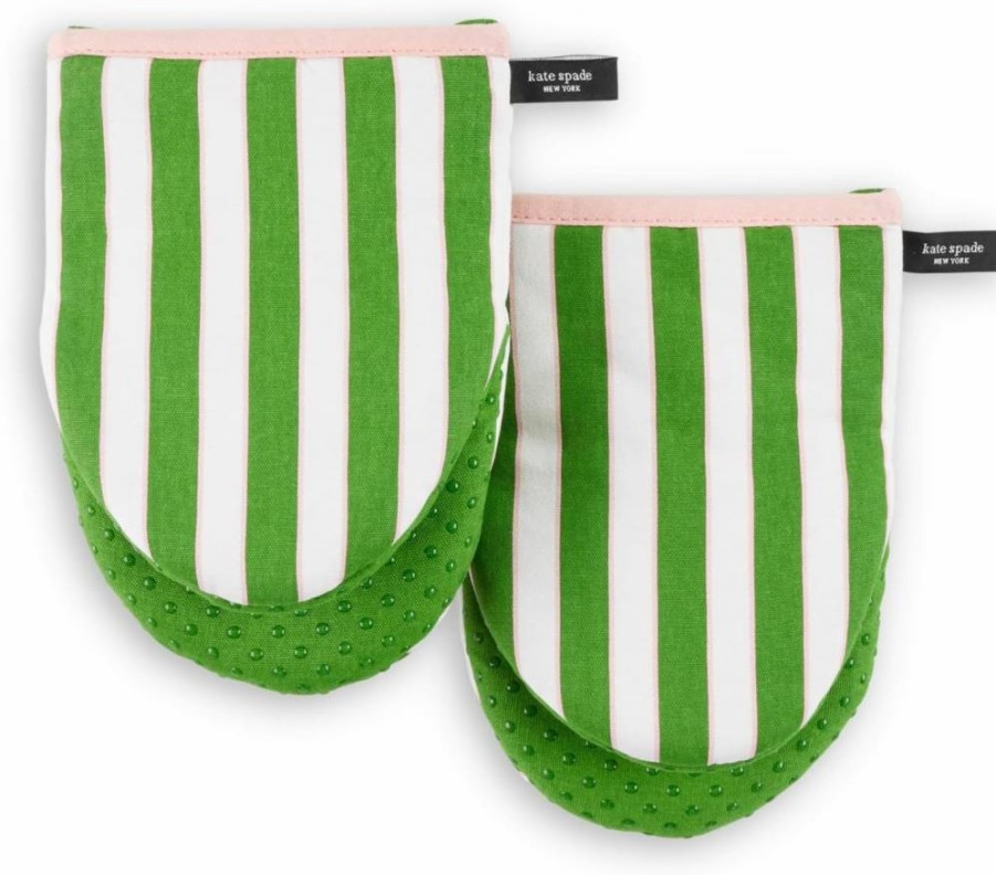Kate Spade New York Mini Oven Mitt Set - 2-Pack Botanical Stripe Design, Heat Resistant 5.5x8 Inch, Green & Pink Kitchen Accessories