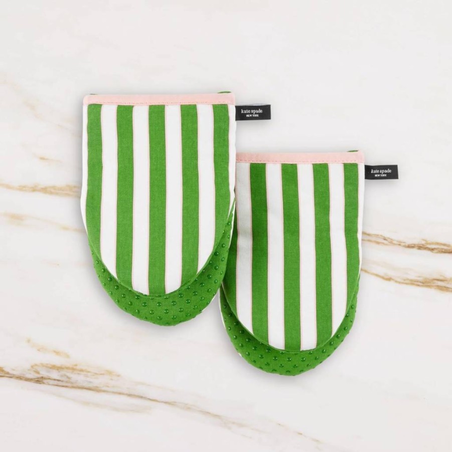 Kate Spade New York Mini Oven Mitt Set - 2-Pack Botanical Stripe Design, Heat Resistant 5.5x8 Inch, Green & Pink Kitchen Accessories