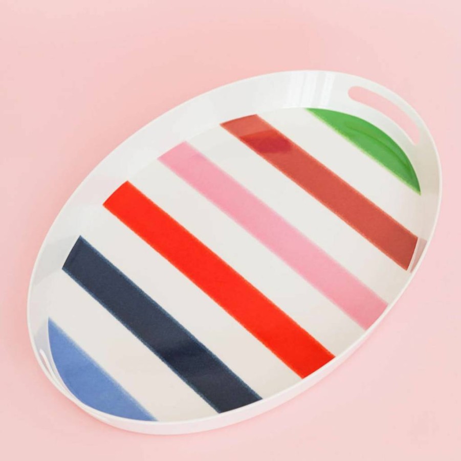 Kate Spade New York Adventure Stripe 20" Oval Serving Tray with Handles for Kitchen & Outdoor Dining