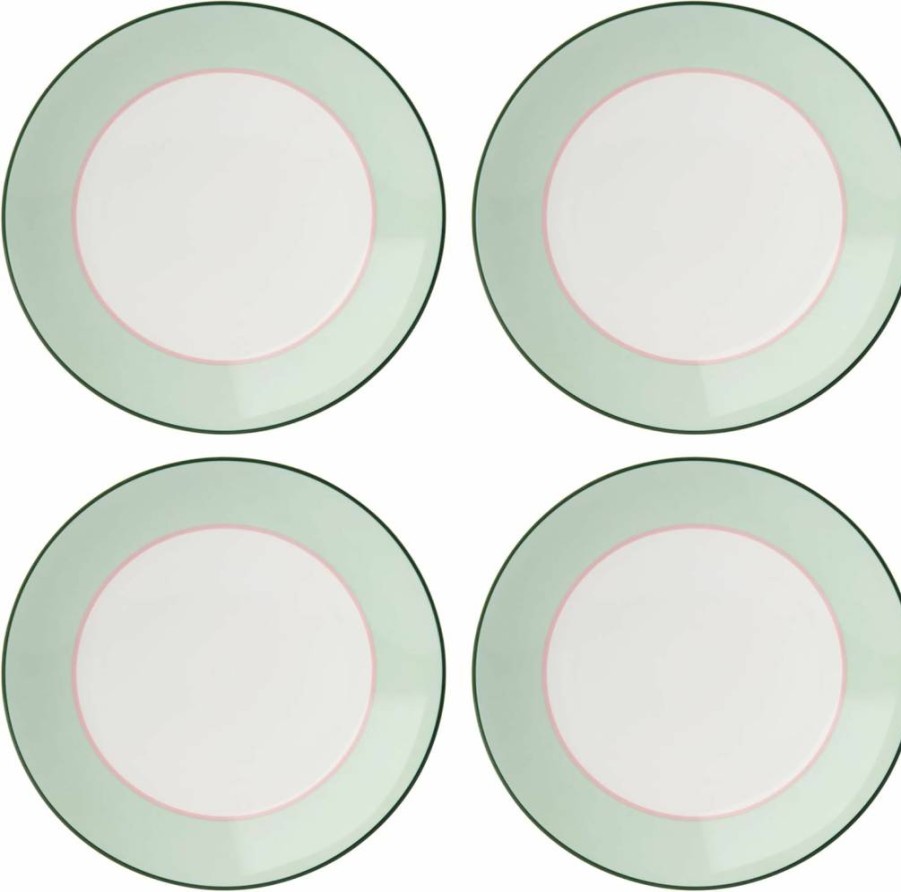 Kate Spade New York Green & Pink Make It Pop Dinner Plate Set of 4, 6.9-Inch Decorative Ceramic Plates