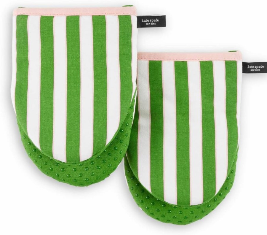 Kate Spade New York Mini Oven Mitt Set - 2-Pack Black & Beige Botanical Stripe Kitchen Mitts 5.5 x 8 Inches
