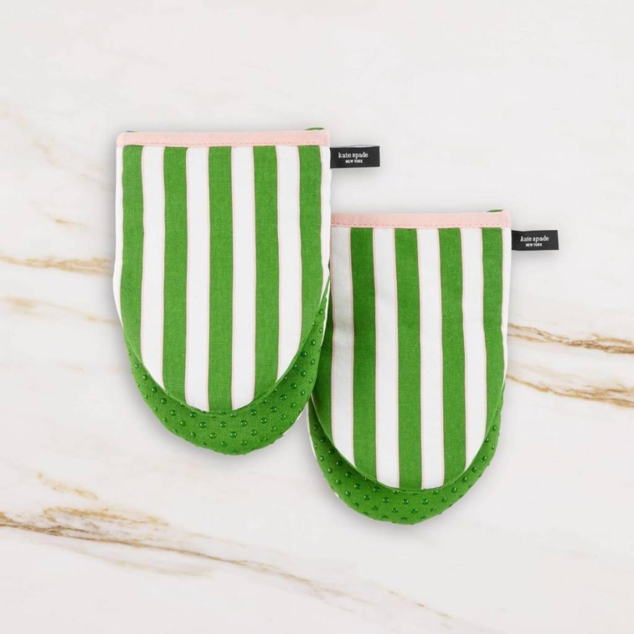 Kate Spade New York Mini Oven Mitt Set - 2-Pack Black & Beige Botanical Stripe Kitchen Mitts 5.5 x 8 Inches