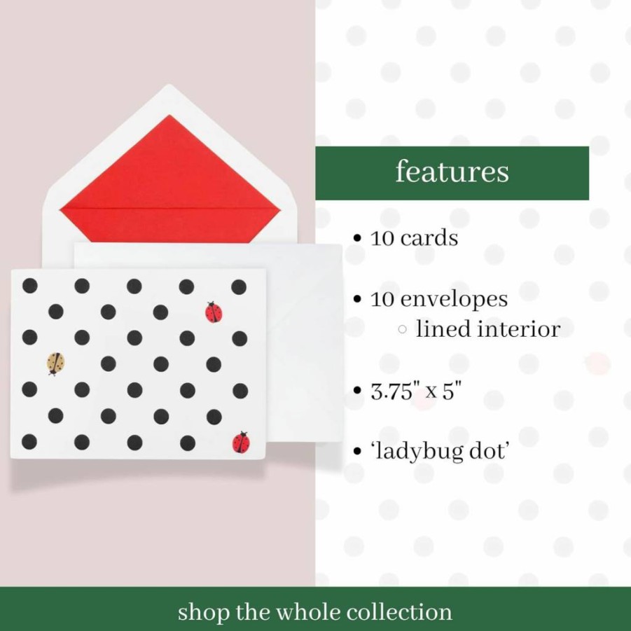 Kate Spade New York Ladybug Dot Greeting Cards Set - 10 All Occasion Green Notecards with Envelopes, Blank Stationery for Women