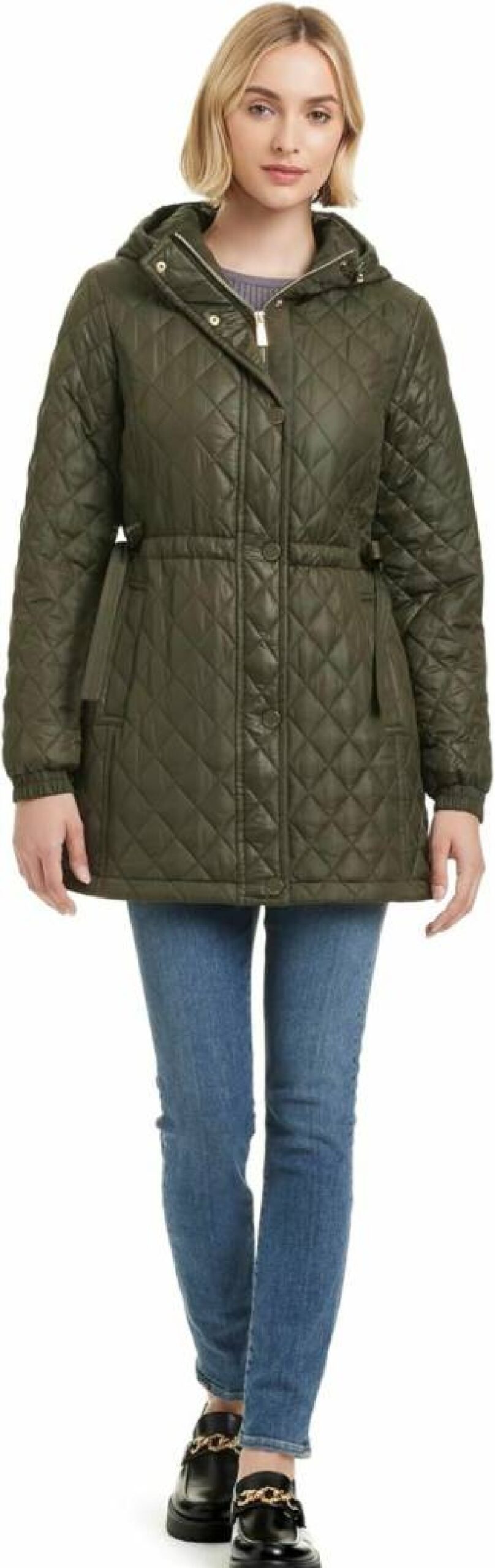 Kate Spade New York Women's Quilted Hooded Jacket - Adjustable Waist, Water Resistant, Lightweight Outerwear