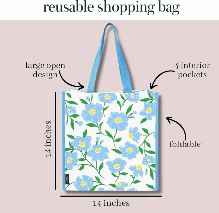 Kate Spade New York Floral Reusable Grocery Tote Bag - Large Collapsible Shopping Bag with Shoulder Straps, Sunshine Floral Design
