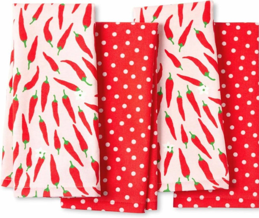 Kate Spade New York 4-Pack Cotton Kitchen Towels Set, Absorbent 17x28 Inches, Red & Pink Hot Peppers & Spring Dots Design