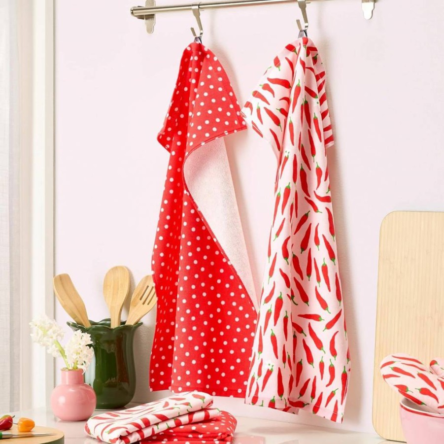 Kate Spade New York 4-Pack Cotton Kitchen Towels Set, Absorbent 17x28 Inches, Red & Pink Hot Peppers & Spring Dots Design
