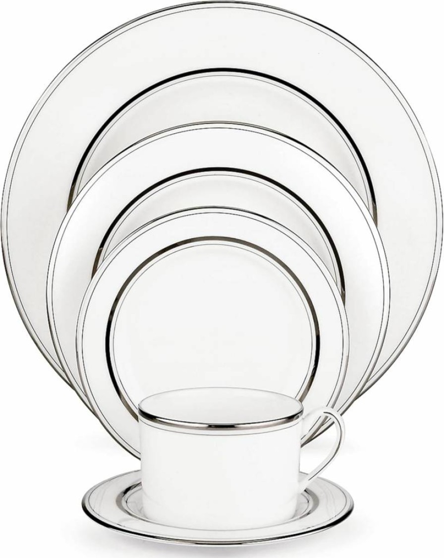 Kate Spade New York Library Lane 5-Piece Dinnerware Set, Platinum White Porcelain Place Setting