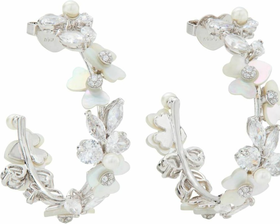Kate Spade New York Precious Pansy Hoop Earrings in Cream & Silver, One Size Floral Design