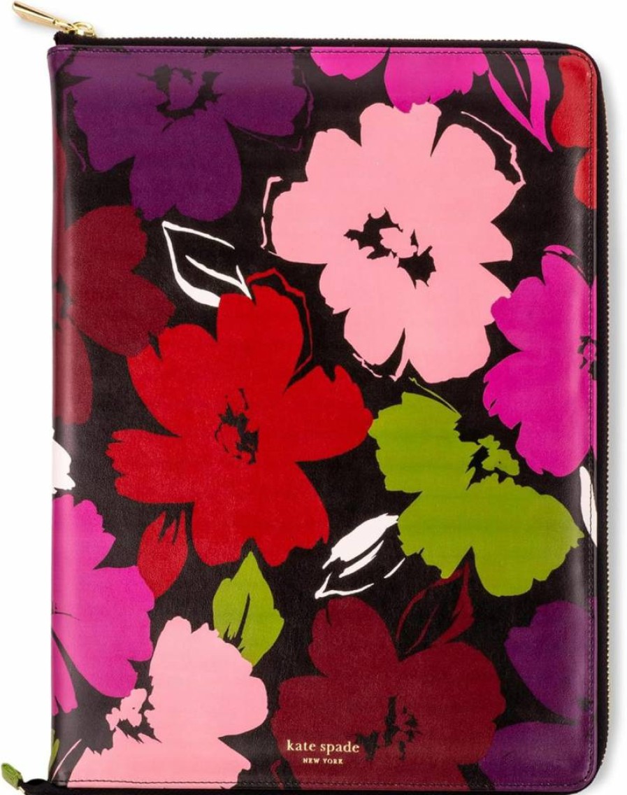 Kate Spade New York Painterly Blooms Faux Leather Zip Folio Notepad with Pen Loop & Interior Pocket, 13.25 x 9.5 Inches