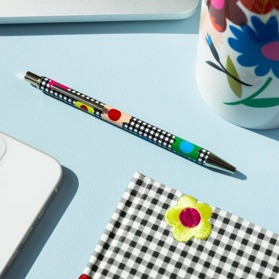 Kate Spade New York Gold Metal Click Pen - Stylish Gingham Garden Design with Clip for Note Taking & Office Use