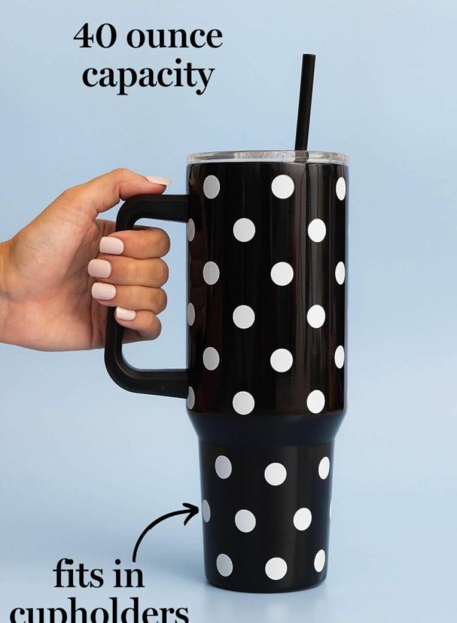 Kate Spade New York 40oz Insulated Stainless Steel Tumbler with Handle, Straw & Cupholder Friendly Design - Picture Dot Pattern